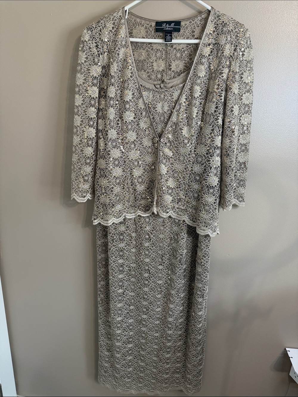 R&M Richards 2 Piece Taupe Gold‎ Sequin Lace Mother of Bride Dress Jacket Set 12 - Picture 2 of 16
